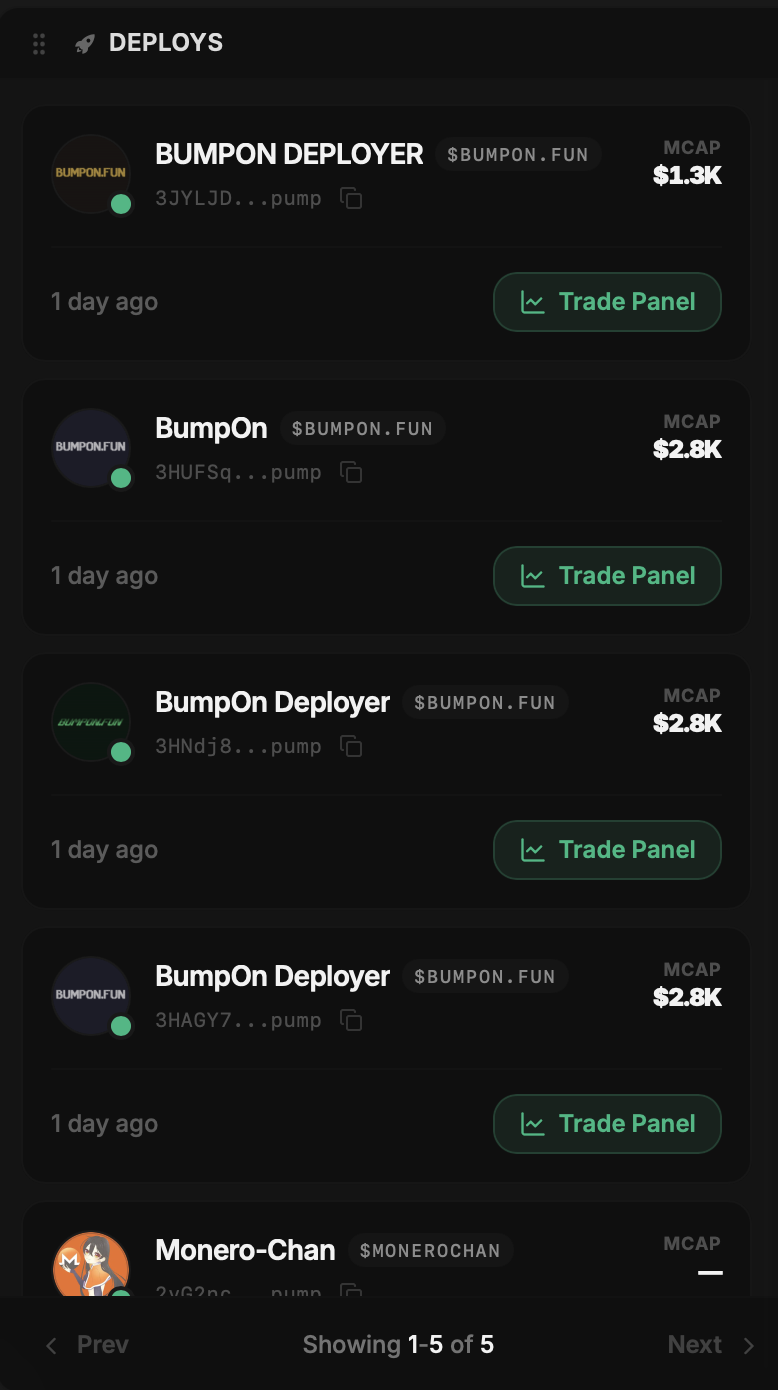 Deploys panel showing launched tokens with Trade Panel buttons