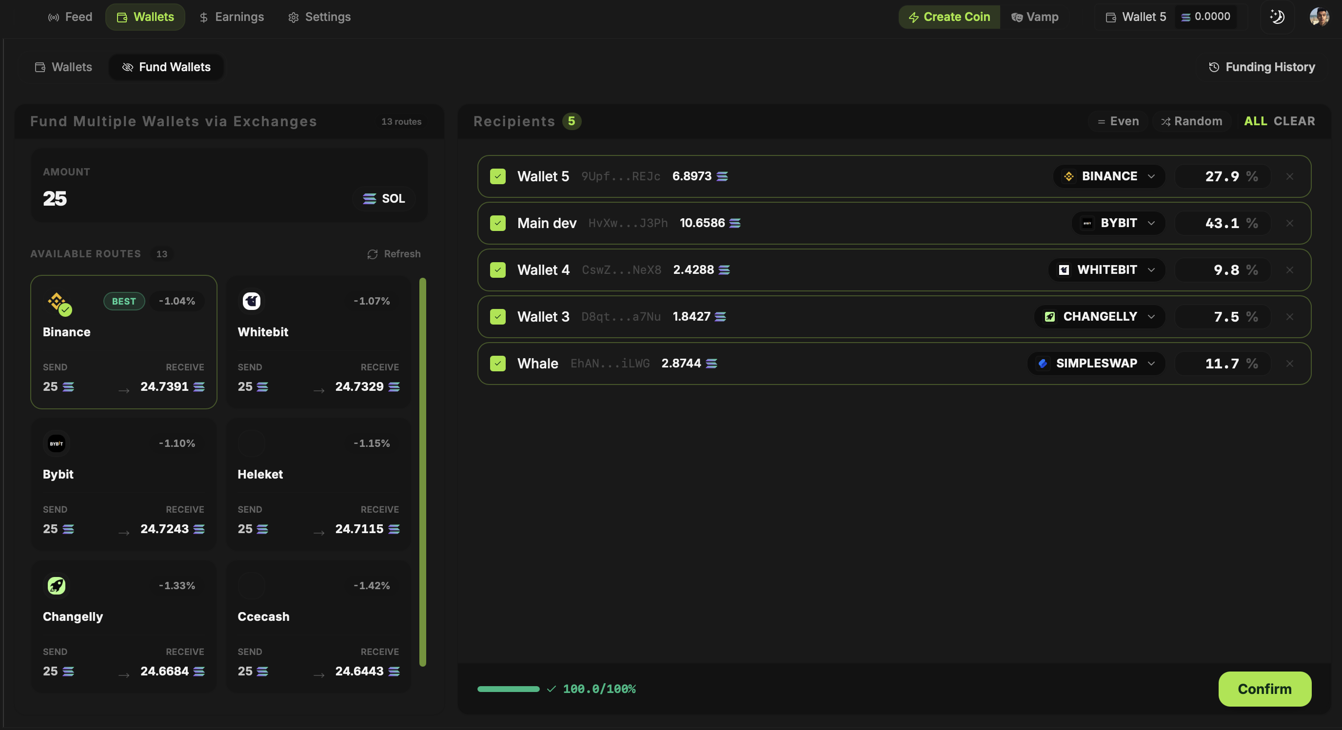 Fund Wallets screen showing exchange routes, five selected recipients and estimated SOL allocations