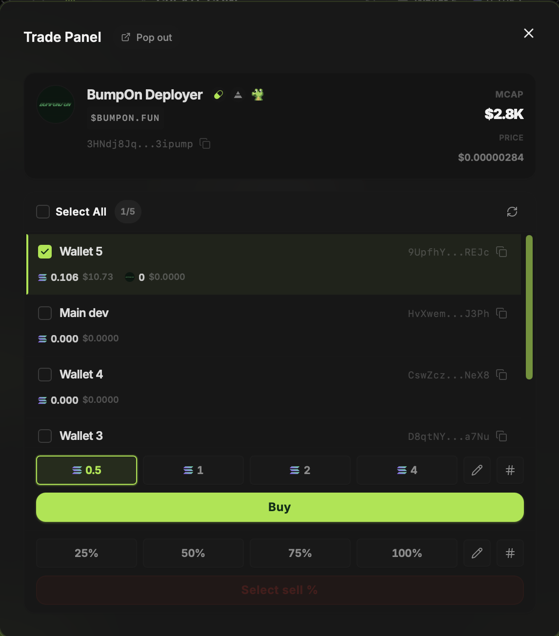 BumpOn Trade Panel showing wallet selection, buy amounts, sell percentages and Pop out