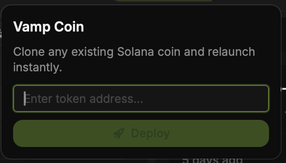 Vamp Coin dialog with a field for an existing Solana token address