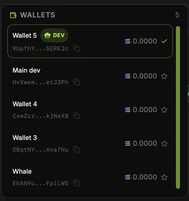 Deployer wallet selector showing five named wallets and an active dev wallet