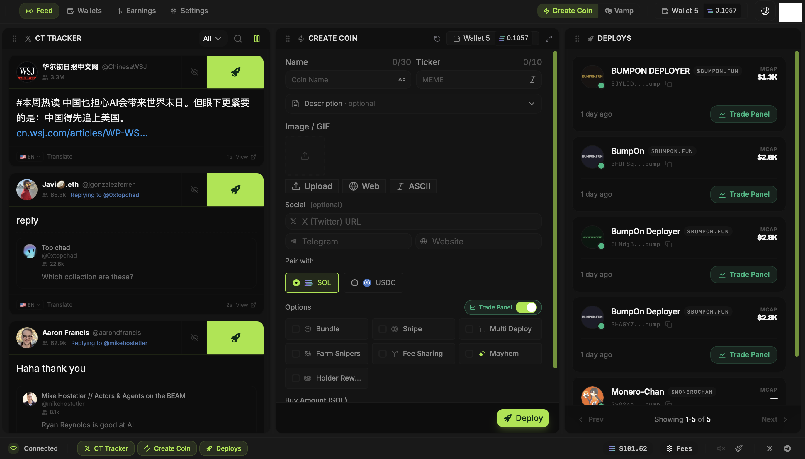 BumpOn Deployer with CT Tracker, Create Coin and Deploys panels side by side