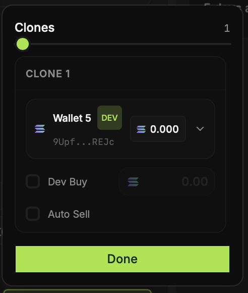 Multi Deploy Clones panel with a selected wallet, dev buy and auto-sell controls