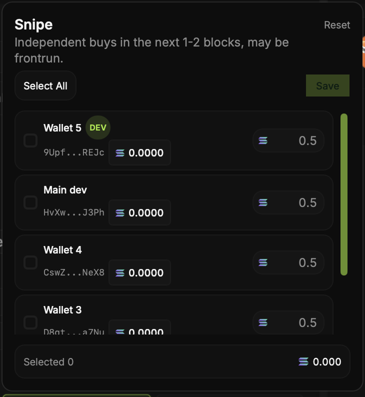 Snipe settings listing wallets, buy amounts and a selected total